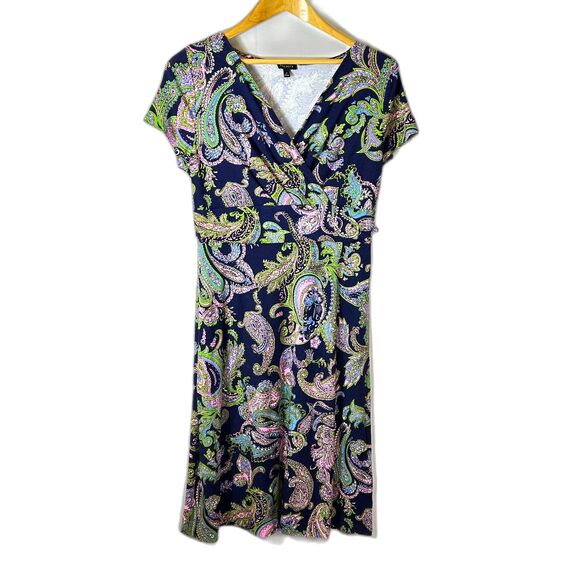 Talbots Navy Multi Paisley Surplice V-Neck SS Fit and Flare Midi Dress Size M - Picture 3 of 11